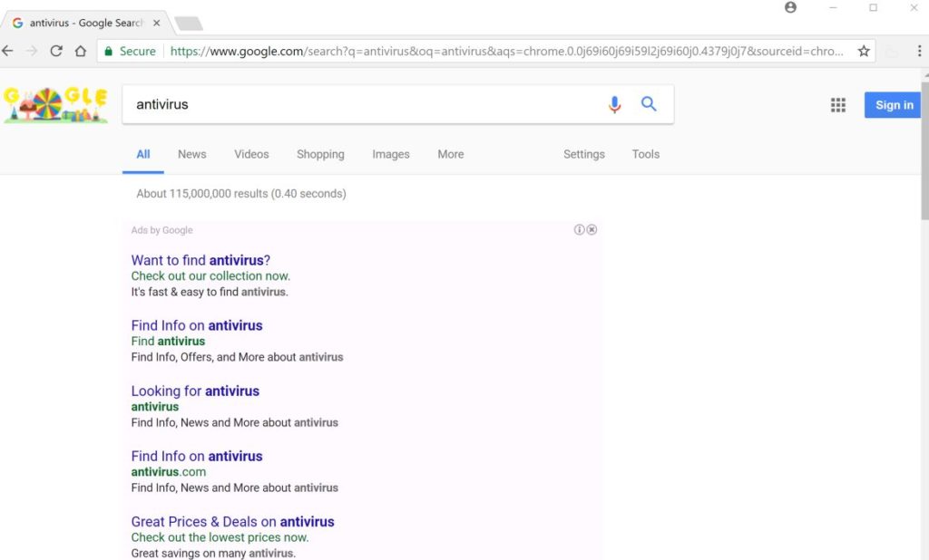 Esempio di AdWare sulla pagina di ricerca di Google