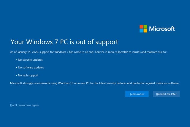 Windows 7 avviso di fine supporto