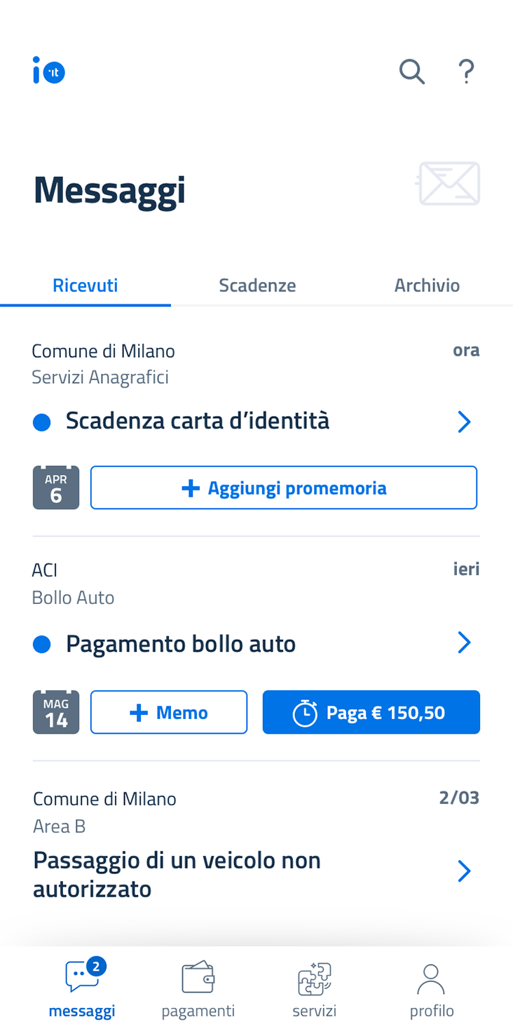 applicazione io.it vista messaggi