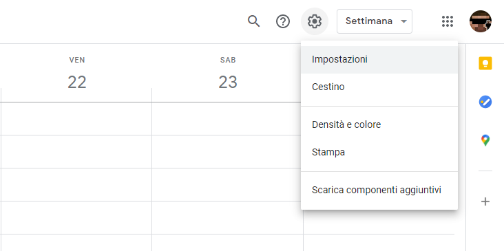 Menu per accedere alle impostazioni