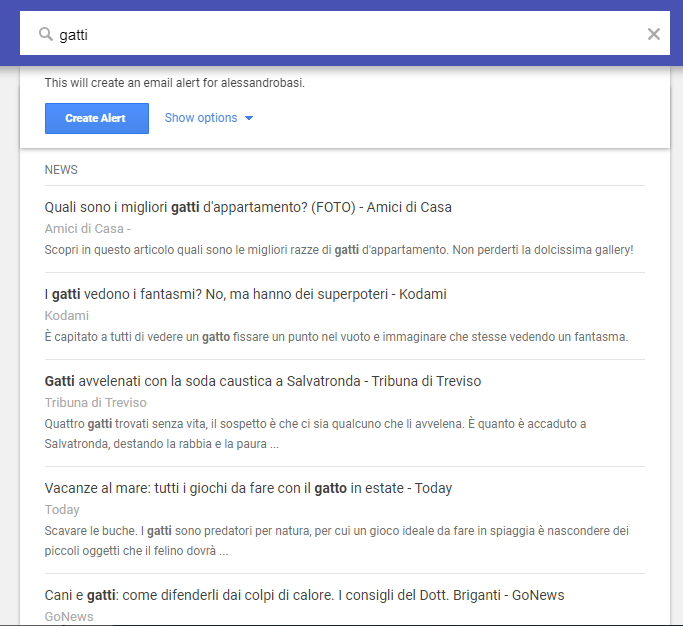 ricerca su google alerts della parola chiave gatti