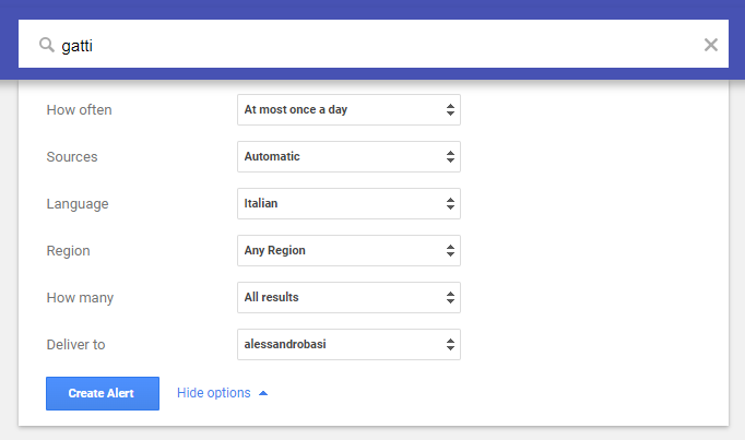 impostazioni avanzate di Google Alerts per ricevere notizie più precise.