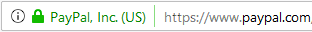 barra degli indirizzi che mostra l'indirizzo di paypal con il nome dell'azienda in verde e con un lucchetto a sinistra del'url