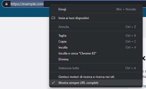 menu relativo alla barra degli indirizzi che mostra l'opzione "Mostra sempre URL completi"